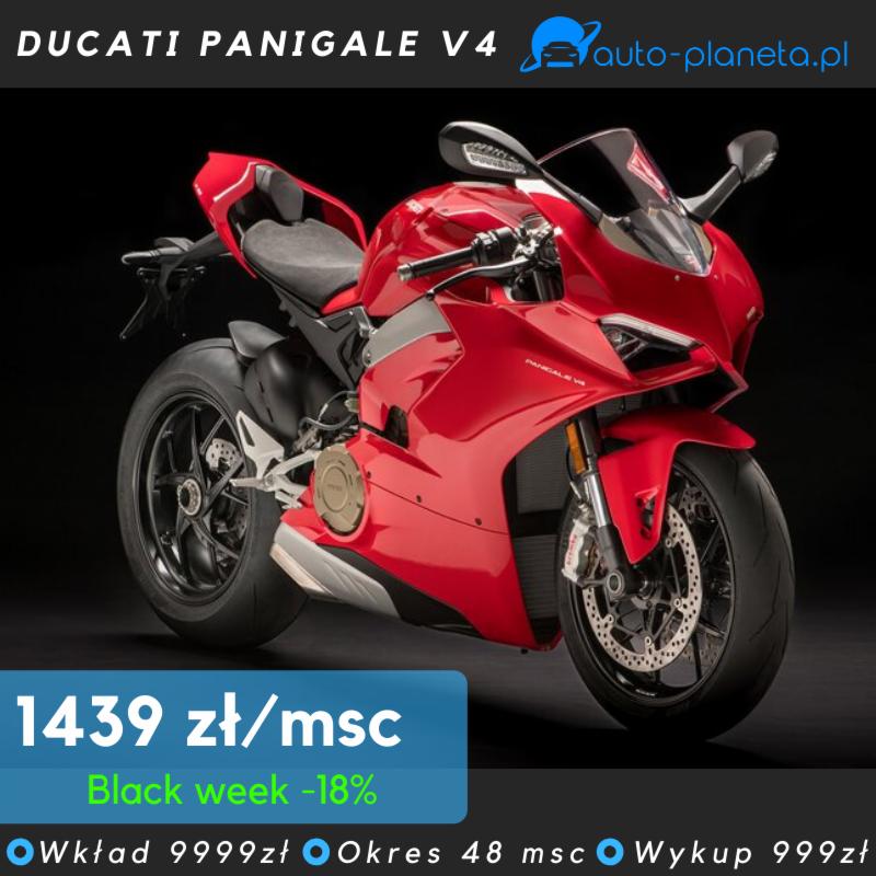 Czerwony motocykl Ducati Panigale V4 na ciemnym tle, z informacją o promocji 'Black Week -18%' i ratach 1439 zł/miesiąc.