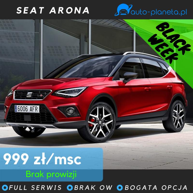 Czerwony Seat Arona z czarnym dachem, prezentowany w Warszawie, z nakładką graficzną 'Black Week' i ofertą cenową 999 zł/miesiąc.