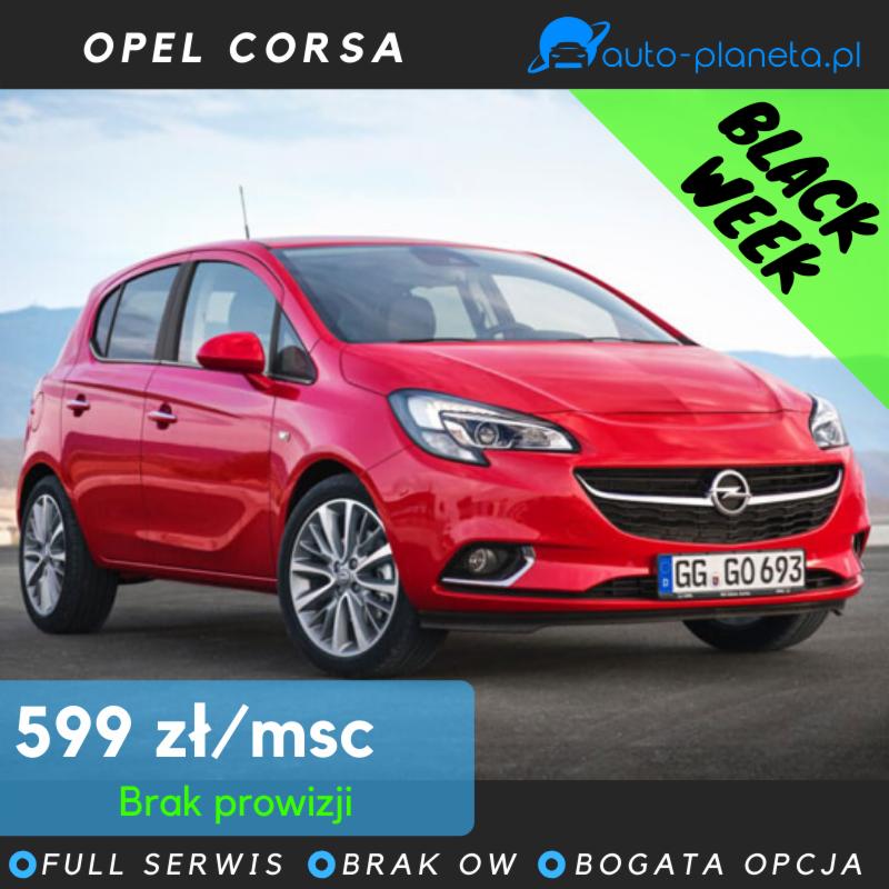 Czerwony Opel Corsa z widoczną tablicą rejestracyjną GG GO 693, oferta promocyjna 'Black Week' z ceną 599 zł/miesiąc i informacją 'Brak prowizji', 'Full Serwis', 'Brak OW', 'Bogata Opcja'.