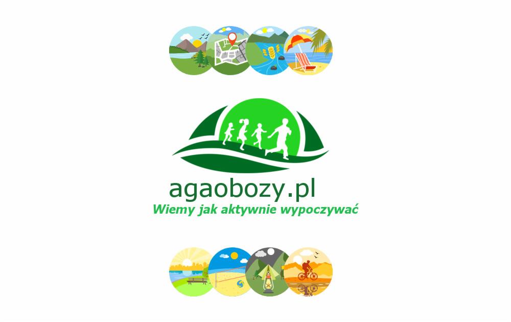Logo firmy agaobozy.pl z motywami aktywności na świeżym powietrzu: wędrówki, plaża, rower, kemping.