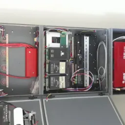 Otwarta szafa sterownicza z zainstalowanymi modułami i okablowaniem, widoczne czerwone akumulatory ZS-90 marki Zeus, moduły MKS-60 oraz inne komponenty elektroniczne w szarej obudowie.