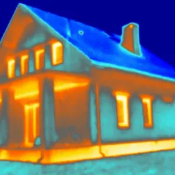 Termowizyjne zdjęcie domu jednorodzinnego, ukazujące straty ciepła przez ściany, okna i dach. Kolorystyka od niebieskiego (zimne) do żółto-pomarańczowego (ciepłe).