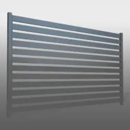 Szary, poziomy panel ogrodzeniowy z metalu, widok z boku na jednolitym, rozmytym tle.