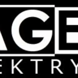 Logo firmy AGEL Elektryka na czarnym tle z białymi napisami, litery AGEL w białych kwadratach.