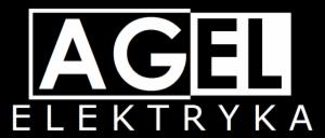 Logo firmy AGEL Elektryka na czarnym tle z białymi napisami, litery AGEL w białych kwadratach.
