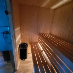 Wnętrze sauny z drewnianymi ławkami i piecem wypełnionym kamieniami, widoczne przez szklane drzwi pomieszczenie z prysznicem.