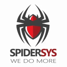 Logo firmy SpiderSys z motywem pająka i tarczy w kolorach szaro-czerwonych oraz hasłem 'We Do More'.
