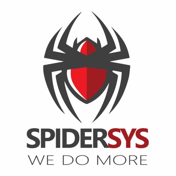 Logo firmy SpiderSys z motywem pająka i tarczy w kolorach szaro-czerwonych oraz hasłem 'We Do More'.