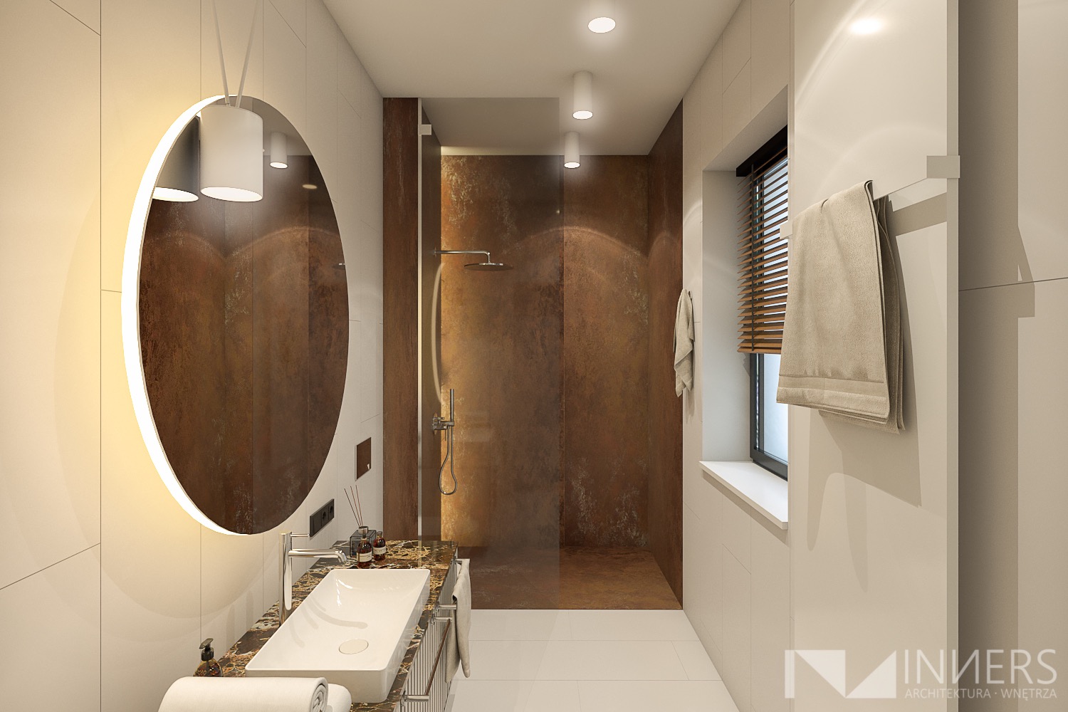 Nowoczesna łazienka z okrągłym lustrem podświetlanym LED, umywalką nablatową na marmurowym blacie i kabiną prysznicową typu walk-in z brązowymi panelami ściennymi.