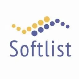 Logo firmy 'Softlist' z motywem kropek w kolorach żółtym i fioletowym, ułożonych w kształt fali nad nazwą firmy.