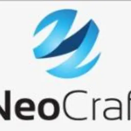 Logo firmy NeoCraft z abstrakcyjnym, błękitnym symbolem powyżej nazwy.
