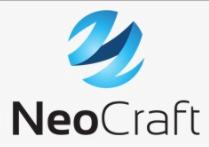 Logo firmy NeoCraft z abstrakcyjnym, błękitnym symbolem powyżej nazwy.