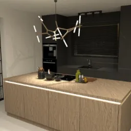 Wizualizacja nowoczesnej kuchni z wyspą z oświetleniem LED, czarnymi szafkami i designerską lampą wiszącą.