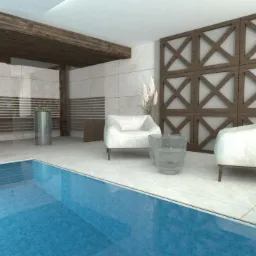 Wizualizacja luksusowego wnętrza z basenem, drewnianą konstrukcją sufitu i ścianą z dekoracyjnymi, drewnianymi panelami w kształcie krzyży. Dwa białe fotele i szklany stolik kawowy tworzą strefę...