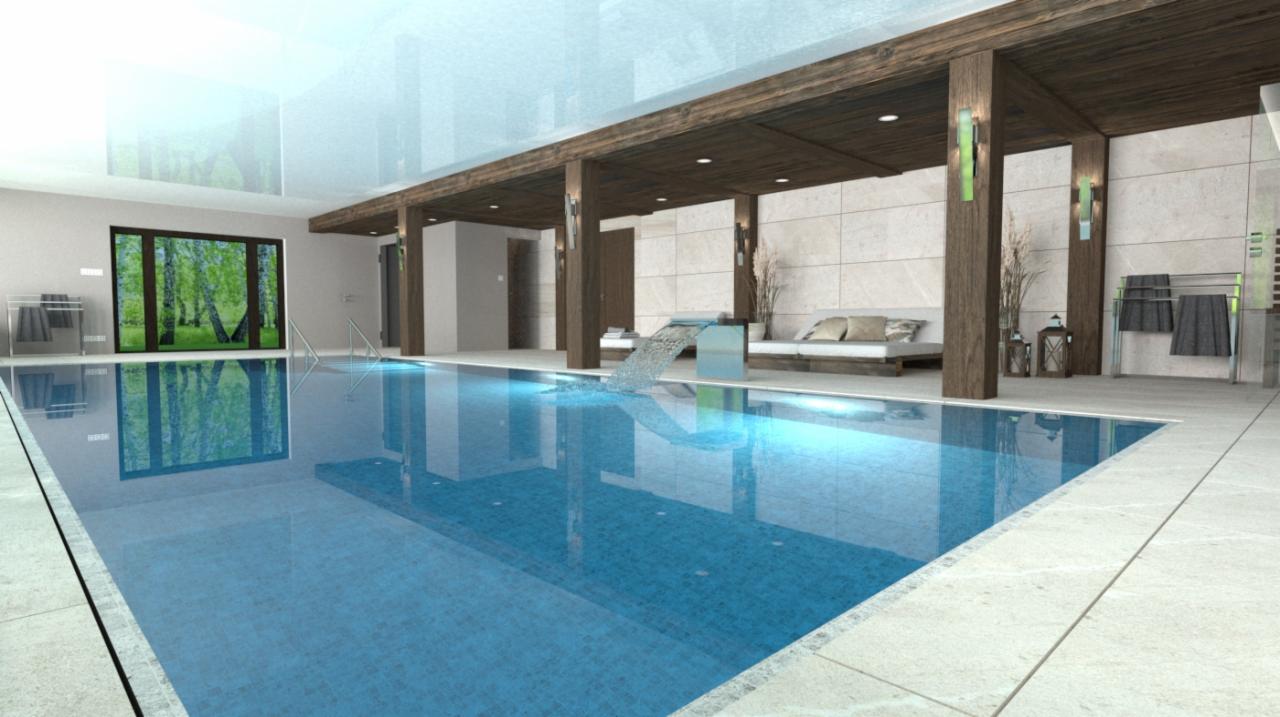 Wizualizacja krytego basenu z kaskadą, drewnianymi elementami konstrukcyjnymi i oświetleniem dekoracyjnym, widok na okno z zielenią.