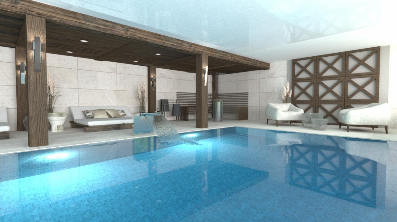 Wizualizacja przestronnego basenu wewnętrznego z wodospadem, drewnianą konstrukcją nad leżankami i dekoracyjną ścianą z drewnianymi kratownicami.
