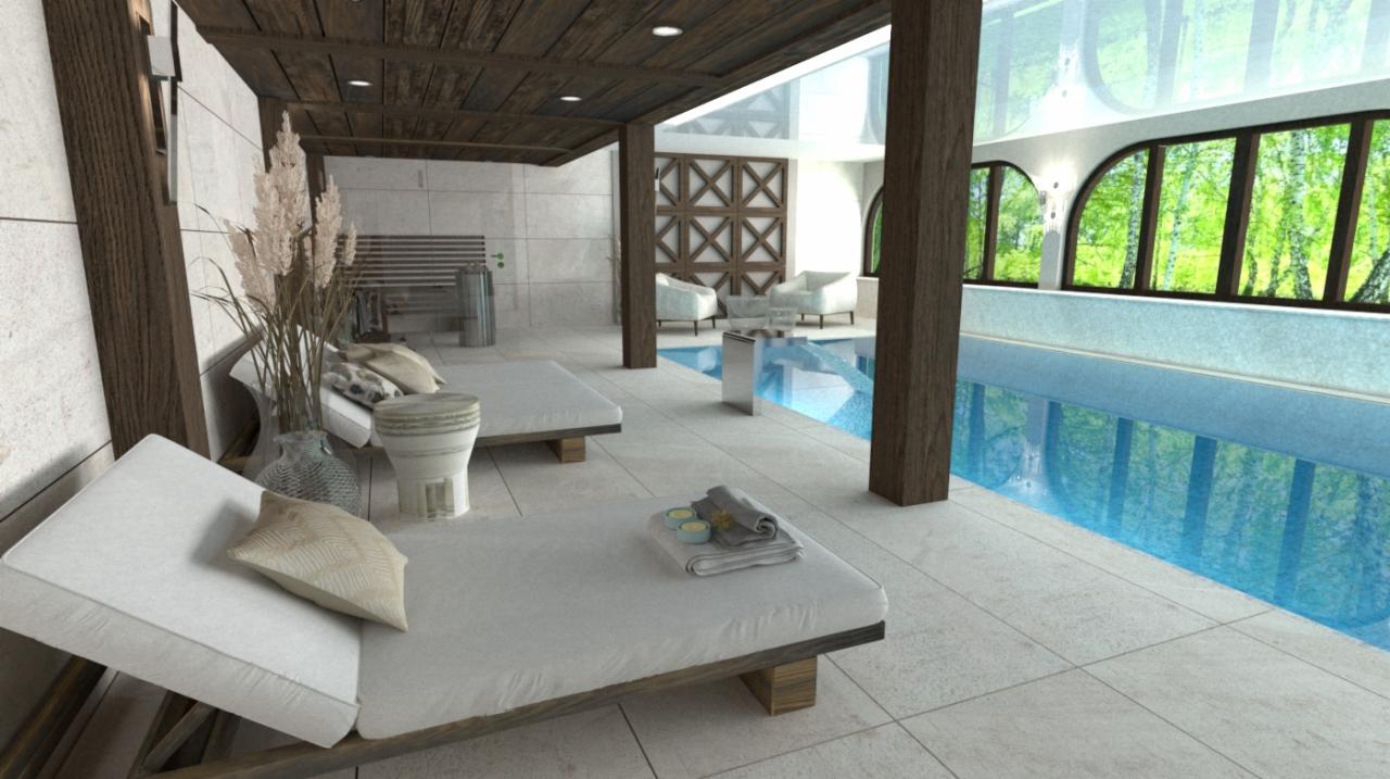 Wnętrze luksusowego spa z basenem, leżakami i drewnianymi elementami konstrukcyjnymi, widok na zieleń za oknami.
