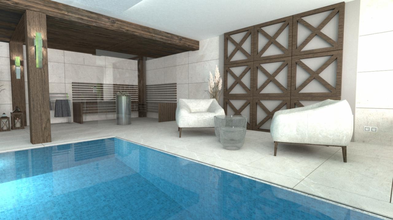 Wizualizacja luksusowego wnętrza z basenem, drewnianą konstrukcją sufitu i ścianą z dekoracyjnymi, drewnianymi panelami w kształcie krzyży. Dwa białe fotele i szklany stolik kawowy tworzą strefę...