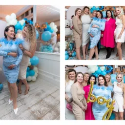 Kolaż zdjęć z baby shower: przyszła mama w błękitnej sukience z piórami, otoczona przyjaciółmi, dekoracje z białych i niebieskich balonów, złoty napis 'BOY'.