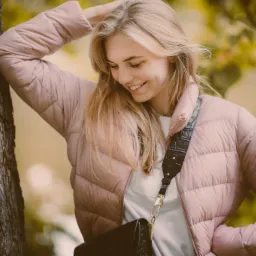 Uśmiechnięta blondynka w różowej kurtce puffer opiera się o drzewo, spoglądając w dół; czarna torebka na ramieniu.