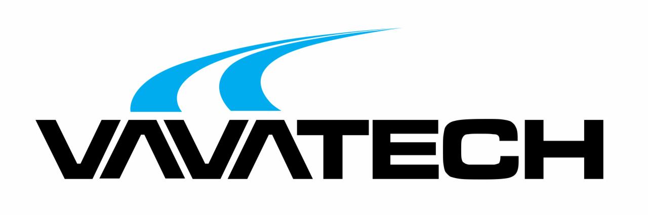 Logo firmy Vavatech z niebieskim symbolem przypominającym ścieżkę lub drogę nad czarnym napisem.
