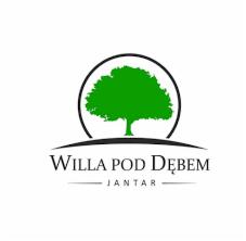 Logo Willa Pod Dębem Jantar z zielonym drzewem dębu w okręgu nad nazwą.