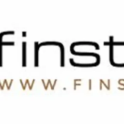 Logo firmy Finstone z geometrycznym złotym symbolem i adresem strony internetowej.
