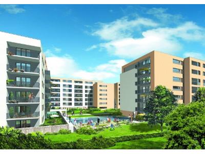 Wizualizacja osiedla mieszkaniowego z zielonym dziedzińcem, prezentująca nowoczesne budynki wielorodzinne z balkonami i zagospodarowaną przestrzenią rekreacyjną.