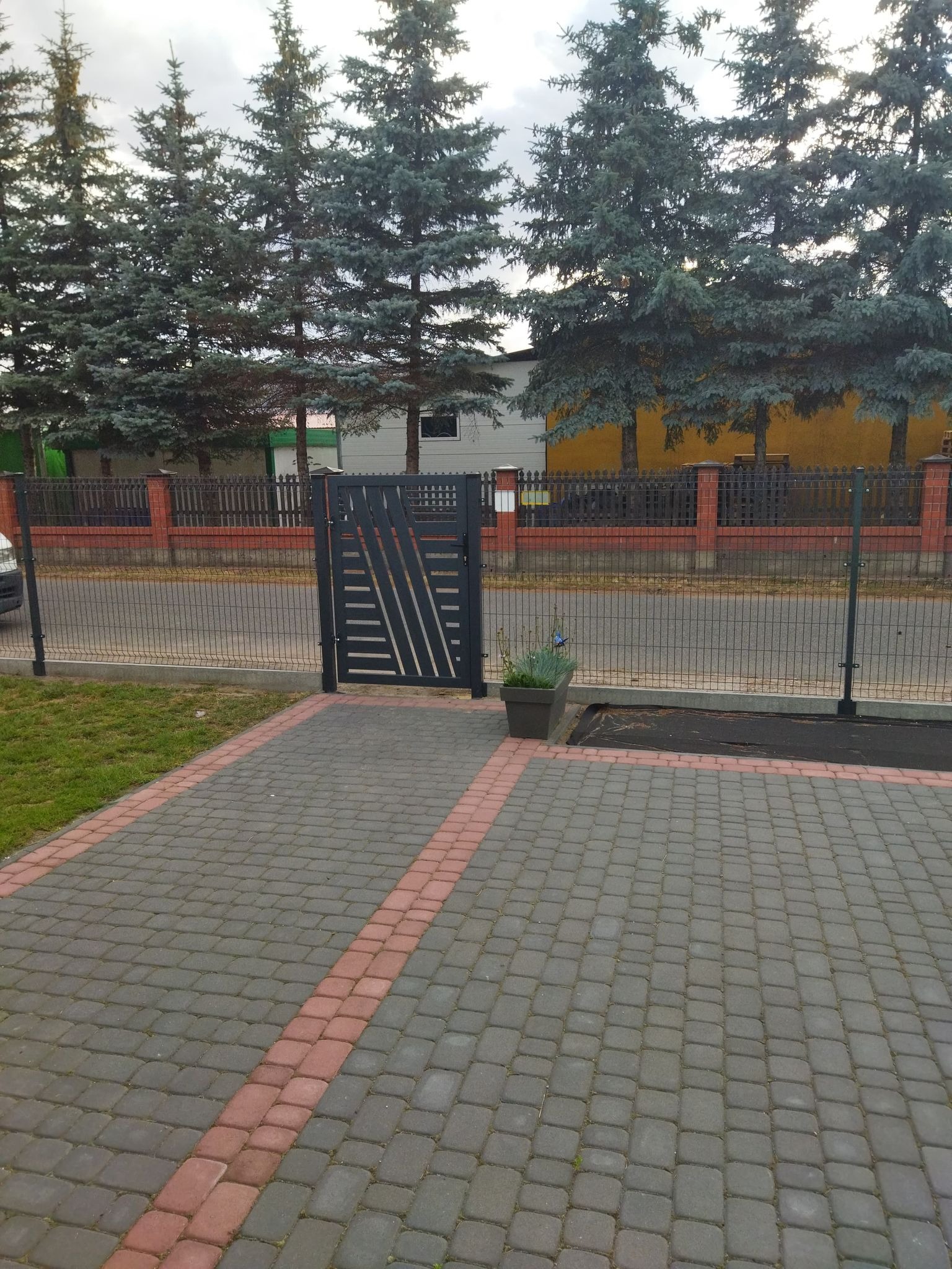 Nowoczesna, grafitowa brama z ukośnymi elementami, wkomponowana w ogrodzenie panelowe z widokiem na ulicę i rząd świerków w tle. Na pierwszym planie kostka brukowa z czerwoną obwódką i donica...