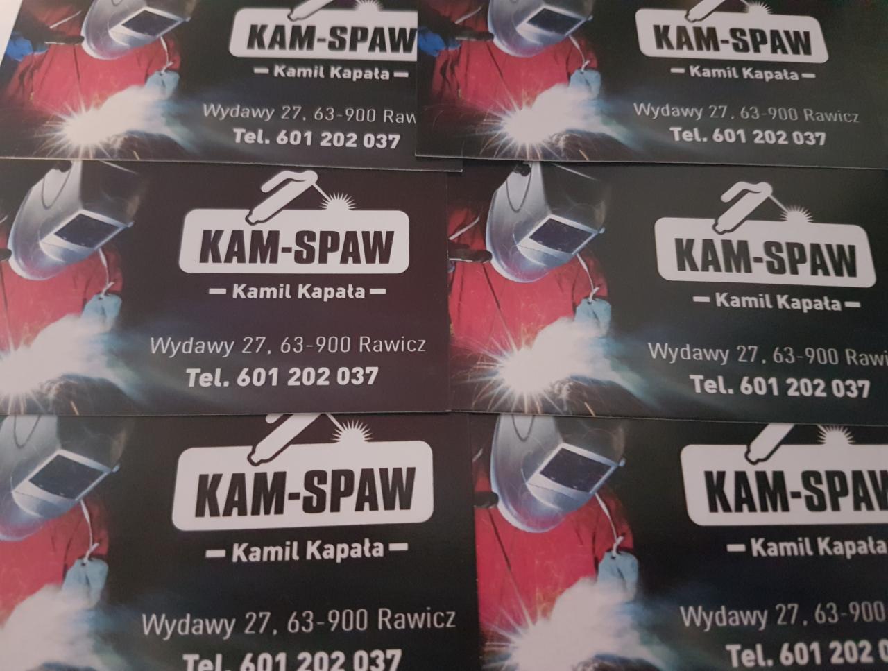 Wizytówki firmy KAM-SPAW z grafiką spawacza i danymi kontaktowymi: Kamil Kapała, adres i numer telefonu.