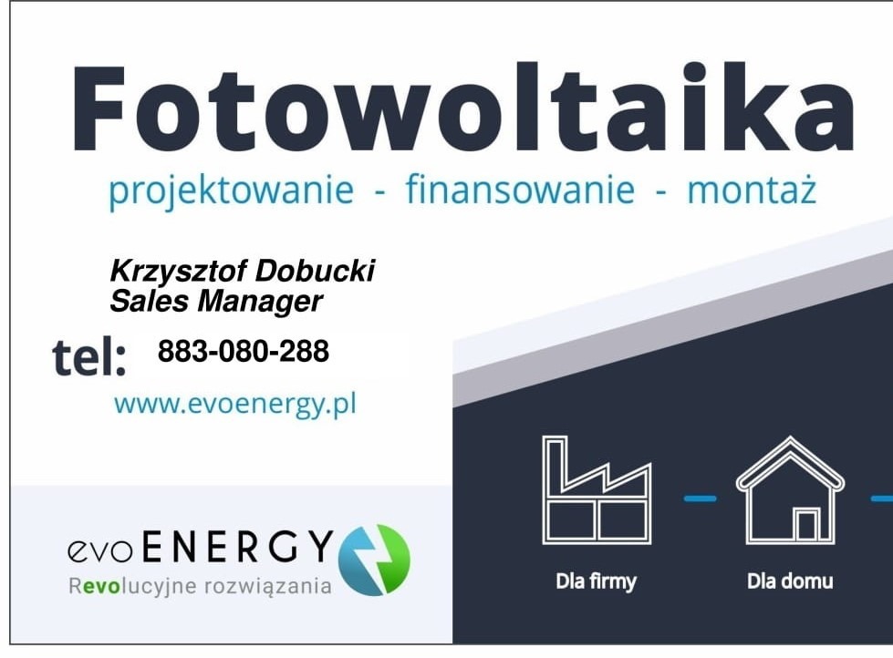 Grafika reklamowa firmy oferującej projektowanie, finansowanie i montaż paneli słonecznych, z danymi kontaktowymi i logo evoENERGY.