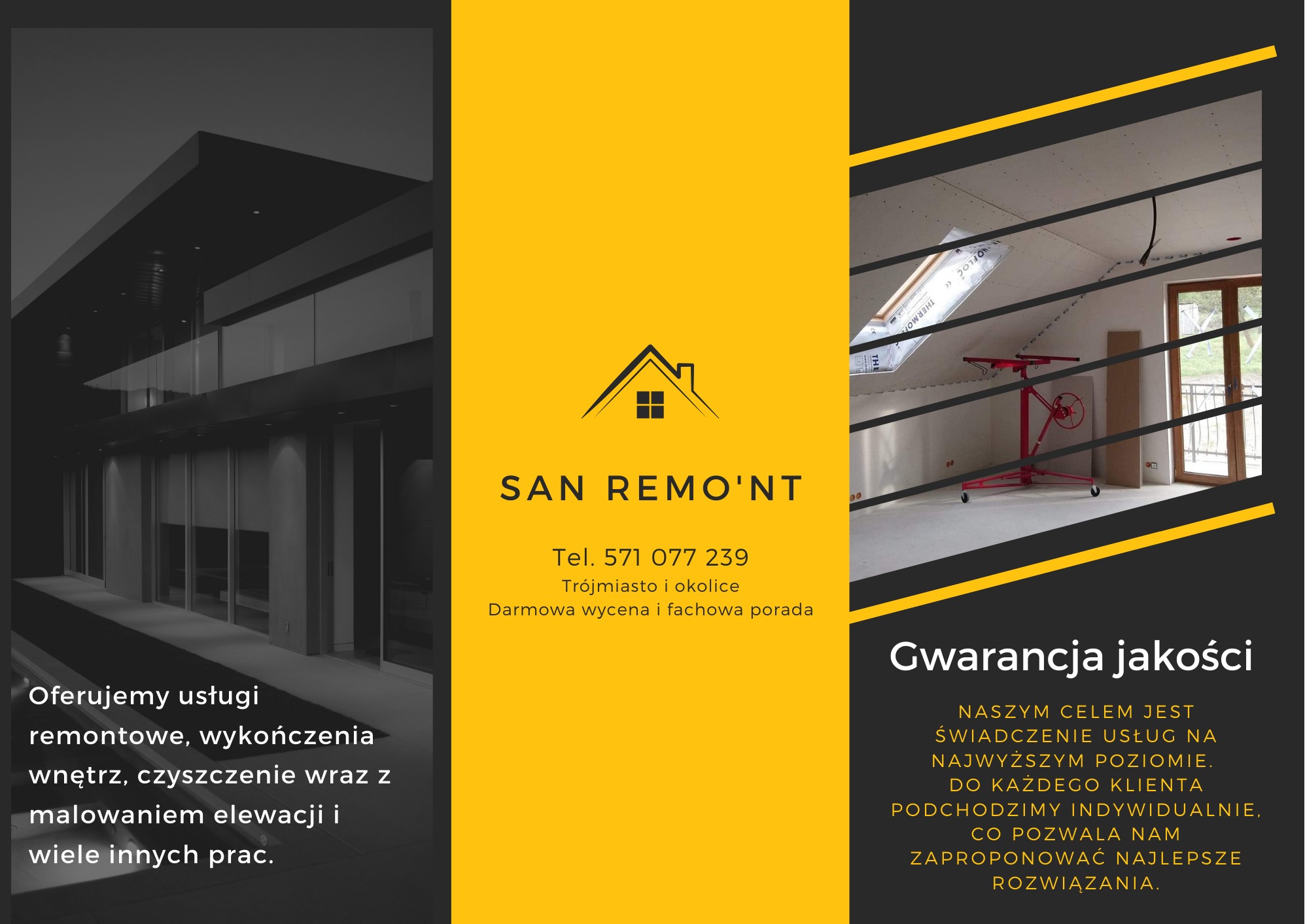 Ulotka reklamowa firmy SAN REMO'NT oferującej usługi remontowe, wykończenia wnętrz i czyszczenie, z wizualizacją poddasza w trakcie prac wykończeniowych, gdzie widoczny jest podnośnik do płyt...