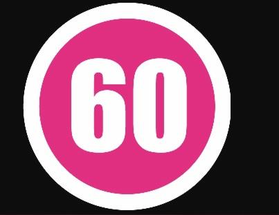 Okrągła ikona z liczbą 60 w kolorze białym na różowym tle, obramowana białą linią.