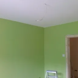 Świeżo pomalowane na zielono wnętrze pokoju z aluminiową drabinką w rogu, widoczne wystające kable z sufitu i otwarte przejście do innego pomieszczenia.