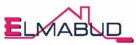 Logo firmy ELMABUD z elementami graficznymi w kształcie domu w kolorze różowym i granatowym.