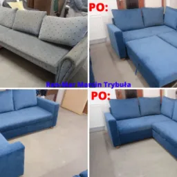 Zdjęcie typu 'przed i po' przedstawiające narożnik: po lewej stronie narożnik przed renowacją z szarą tapicerką w kropki, po prawej stronie narożnik po renowacji z nową, niebieską tapicerką.