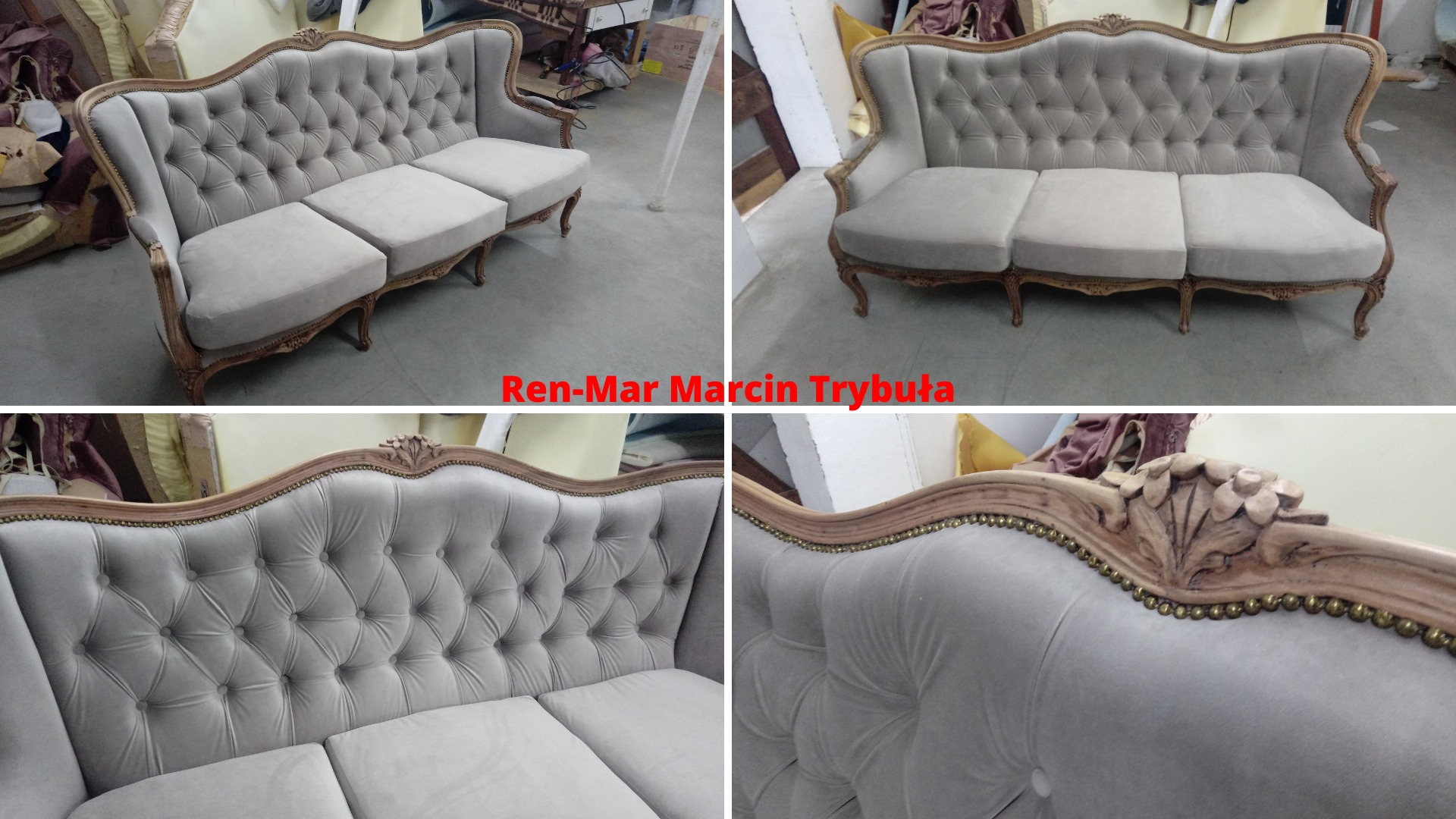 Odrestaurowana sofa w stylu Ludwika z szarą tapicerką i drewnianą ramą z dekoracyjnymi elementami i nitami, widoczna z różnych perspektyw w warsztacie.