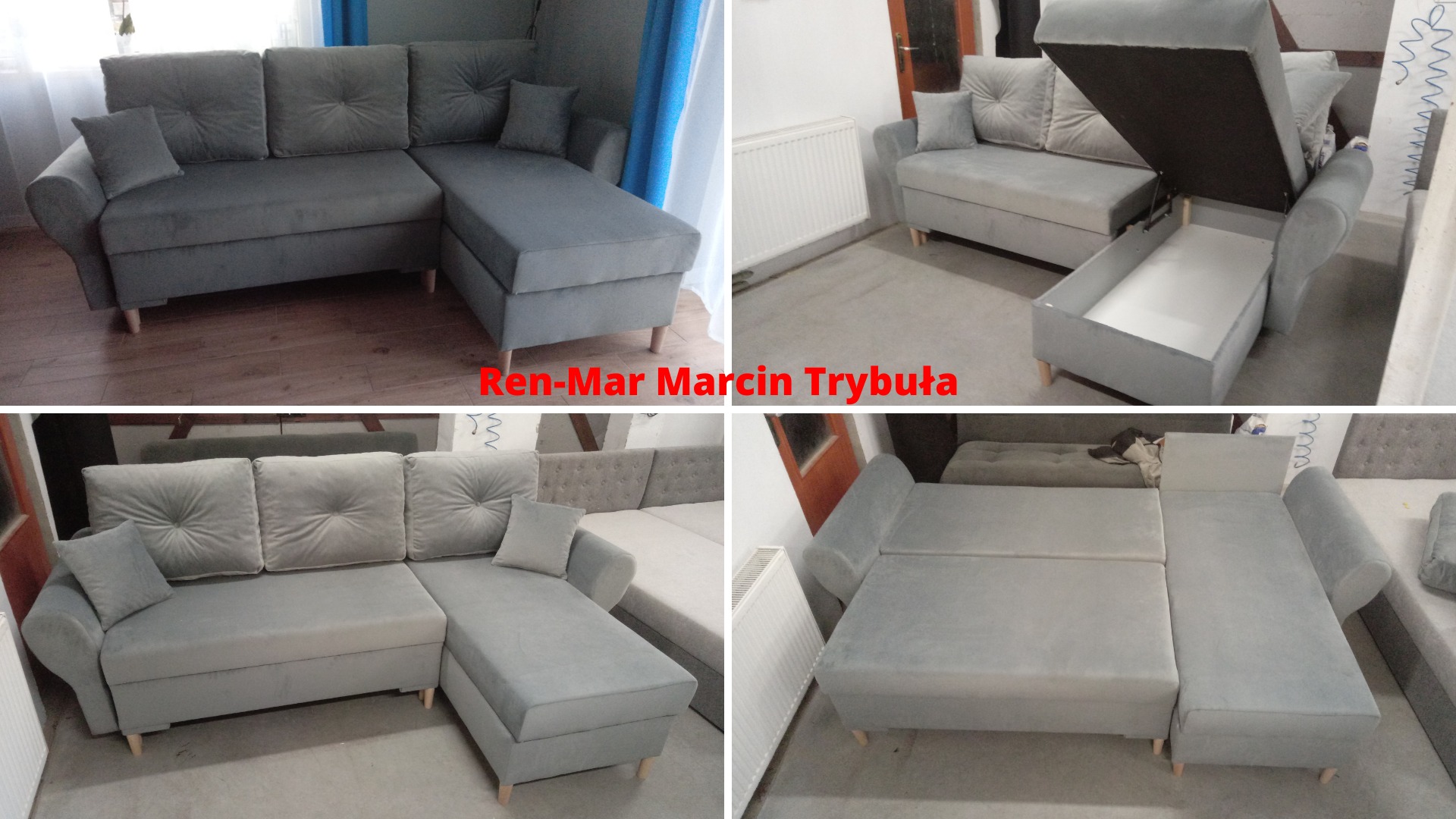 Cztery ujęcia szarego narożnika z funkcją spania i pojemnikiem na pościel, widoczne detale tapicerki i mechanizm rozkładania.