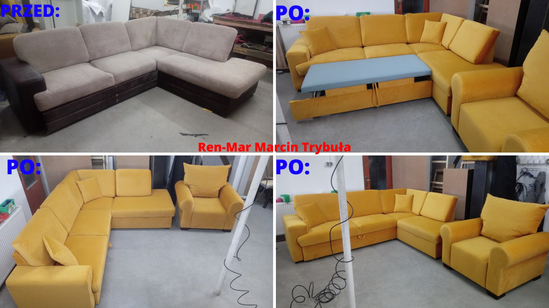 Kolaż: narożnik przed renowacją (beżowo-brązowy) i po renowacji (żółty welur), z wysuwanym siedziskiem i pasującym fotelem. Widoczne detale wykończenia.