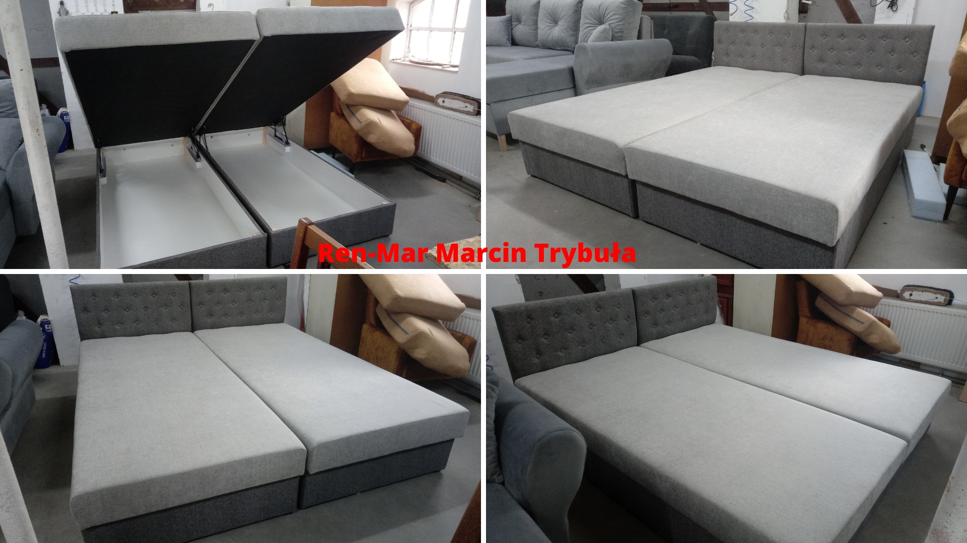 Cztery ujęcia tapicerowanego łóżka z pojemnikiem na pościel: otwarty pojemnik z białym wnętrzem, widok z boku i z przodu, szara tapicerka z pikowanym zagłówkiem.