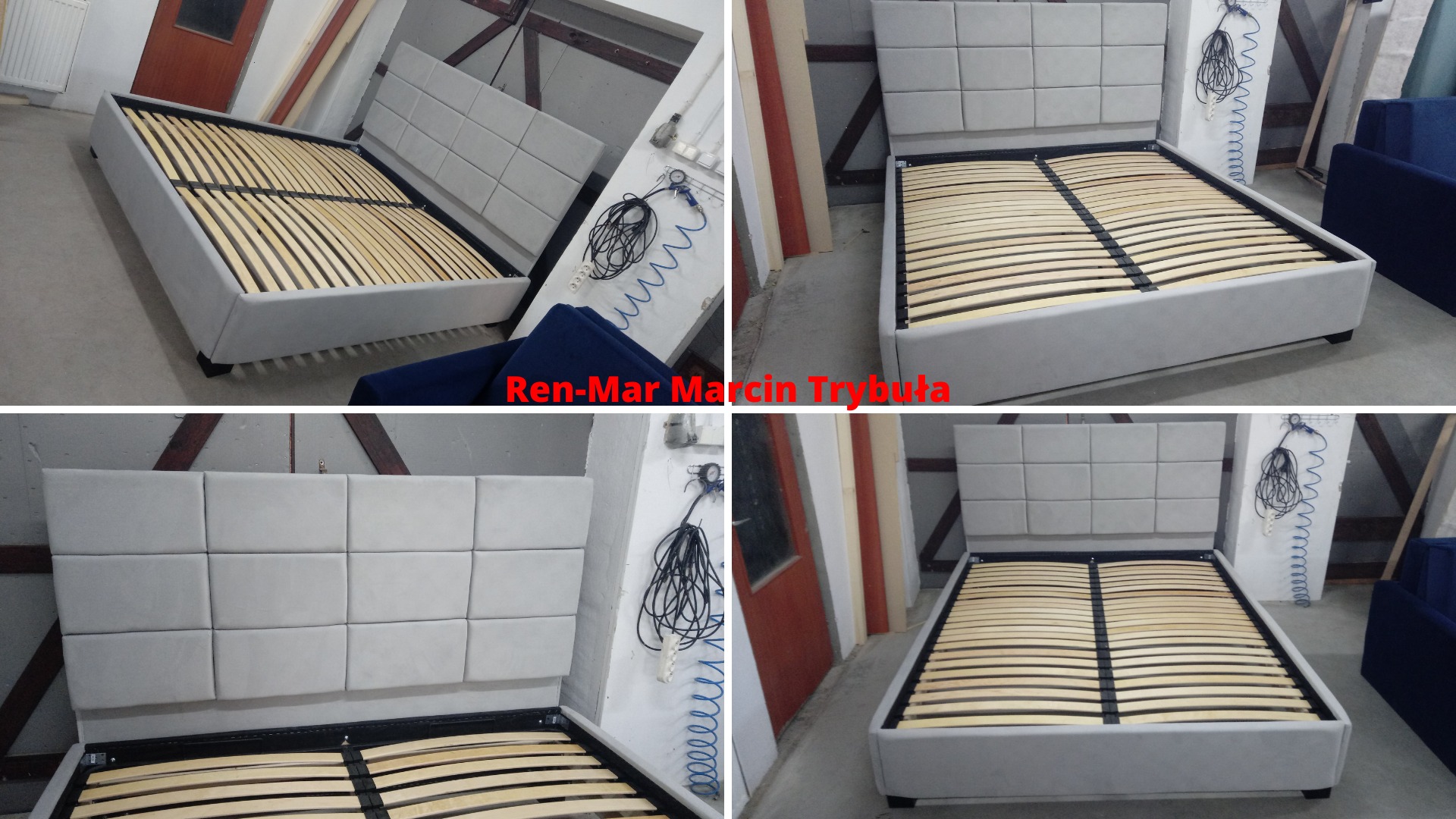 Cztery ujęcia tapicerowanego łóżka z drewnianym stelażem, szare obicie z pikowanym wezgłowiem, widoczne narzędzia tapicerskie w tle.