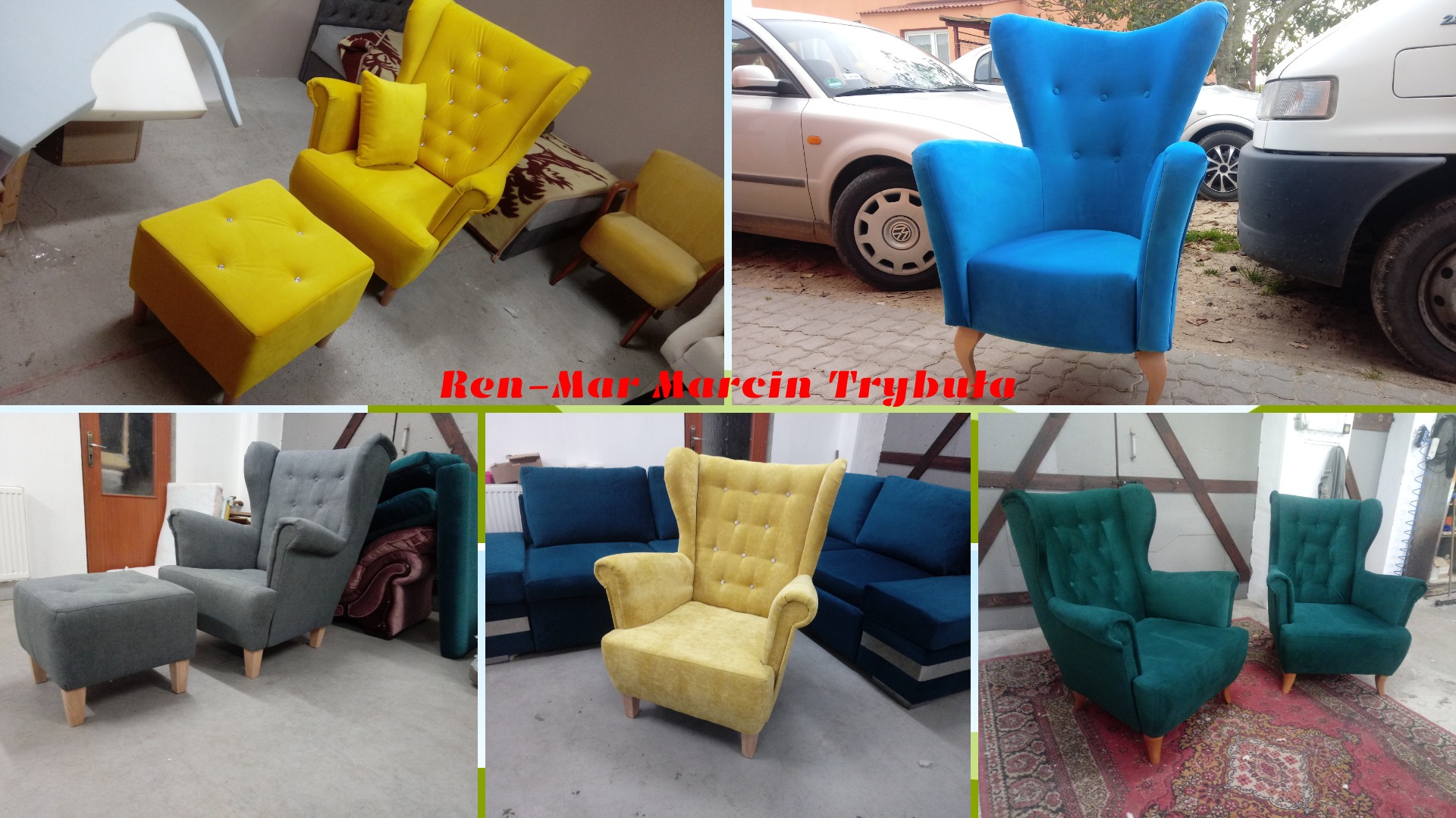 Kolaż prezentujący różnokolorowe fotele typu uszak po renowacji, w tym żółty z pufem, niebieski na zewnątrz przy samochodach, szary z pufem w pomieszczeniu, żółty na tle granatowej sofy oraz dwa...