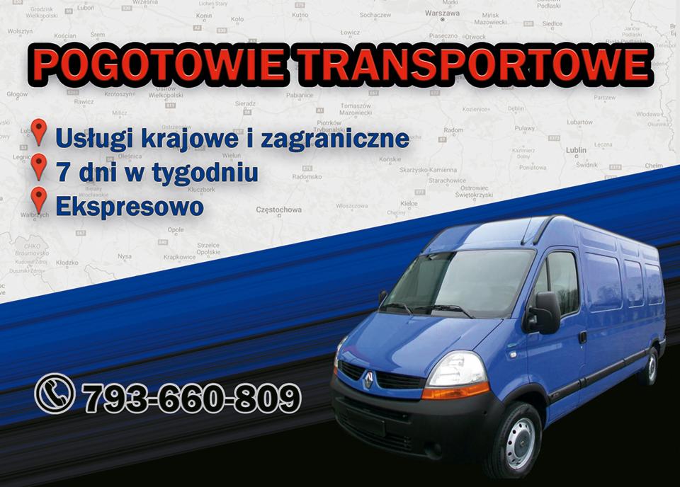 Niebieski bus Renault Master na tle mapy Polski z hasłami reklamowymi: Pogotowie Transportowe, Usługi krajowe i zagraniczne, 7 dni w tygodniu, Ekspresowo oraz numer telefonu.