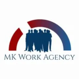Logo firmy MK Work Agency przedstawiające sylwetki ludzi w kolorze niebieskim, umieszczone pod łukiem przechodzącym od czerwieni do błękitu.