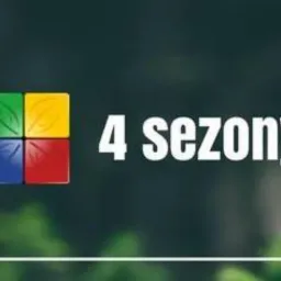 Graficzne logo firmy ogrodniczej '4 sezony' z czterema kwadratami w kolorach zielonym, żółtym, niebieskim i czerwonym, z motywem liścia w zielonym kwadracie, na rozmytym tle roślinności.