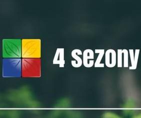 Graficzne logo firmy ogrodniczej '4 sezony' z czterema kwadratami w kolorach zielonym, żółtym, niebieskim i czerwonym, z motywem liścia w zielonym kwadracie, na rozmytym tle roślinności.