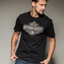 Mężczyzna prezentuje czarną koszulkę z okolicznościowym nadrukiem '100 lat Niepodległości' i datami 1918-2018, widoczny tatuaż sowy na ramieniu.