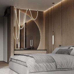 TULLAHOME Sp. z o.o. - Nowoczesna sypialnia w Bydgoszczy z drewnianą ścianą, podświetlanym lustrem w kształcie łuku i minimalistycznym oświetleniem wiszącym.
