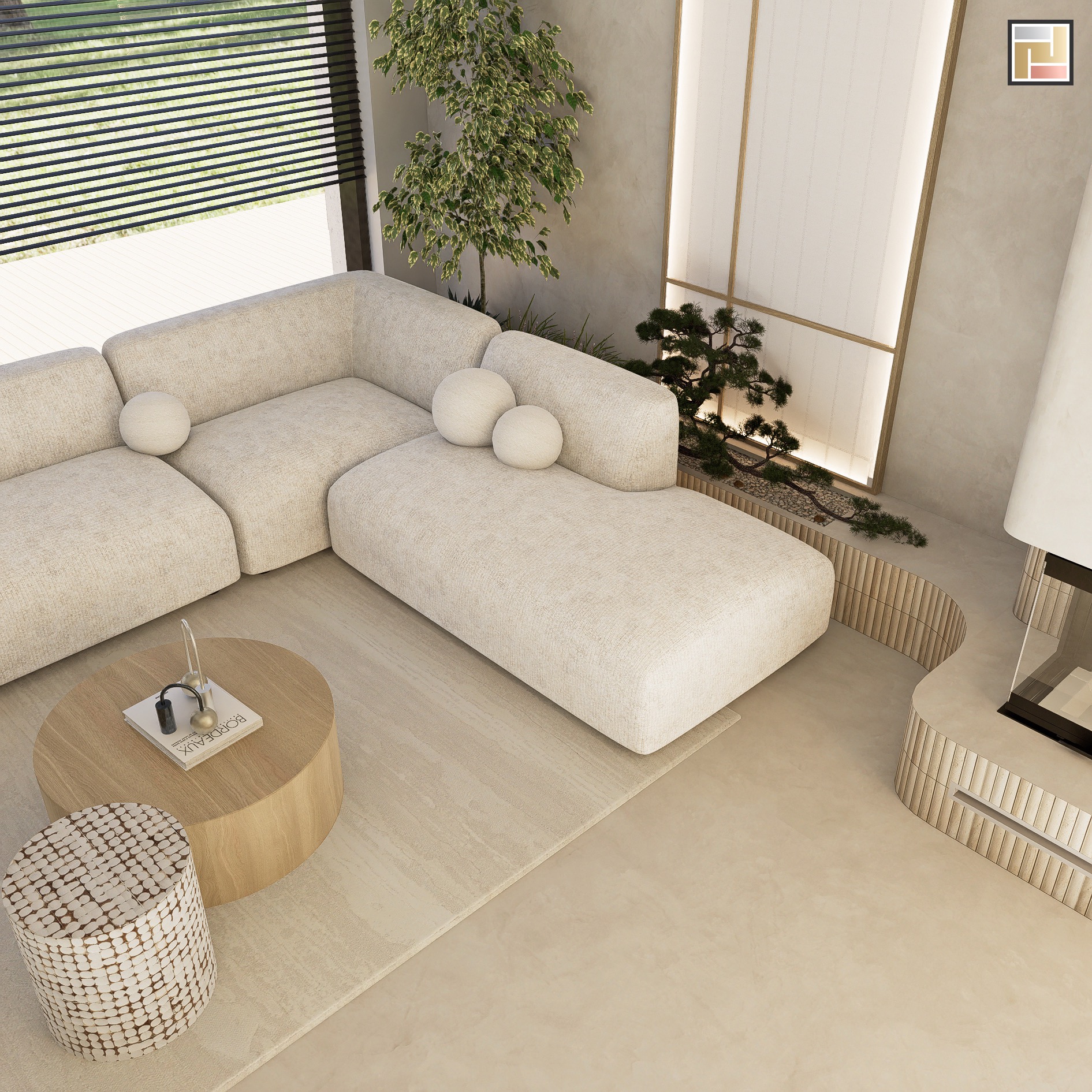 Beżowy narożnik z okrągłymi poduszkami, stolik kawowy z książką 'Bordeaux', pleciony puf, widok na rośliny za oknem i dekoracyjny panel ścienny z oświetleniem.