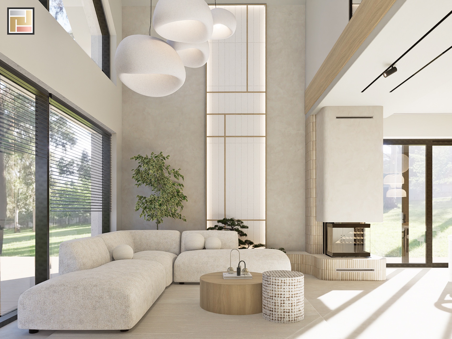 Jasny salon z wysokim sufitem, beżowa sofa modułowa, okrągły stolik kawowy, dekoracyjny panel ścienny z podświetleniem, wiszące lampy w kształcie kul, drzewko w doniczce i nowoczesny kominek.